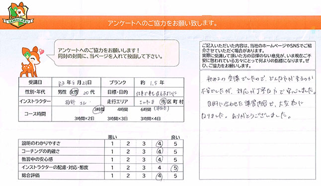さいたま市浦和区 20代女性 ペーパードライバー講習アンケート