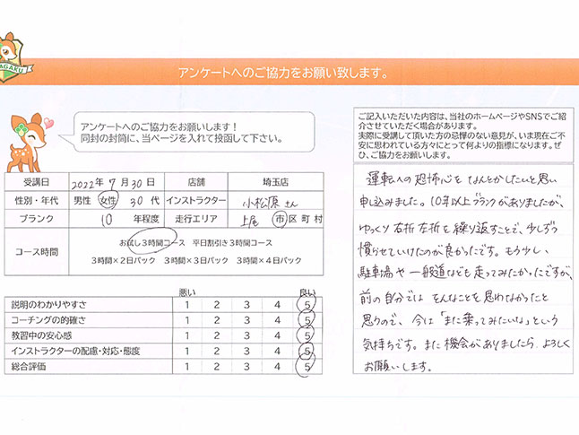 上尾市 30代女性 ペーパードライバー講習アンケート