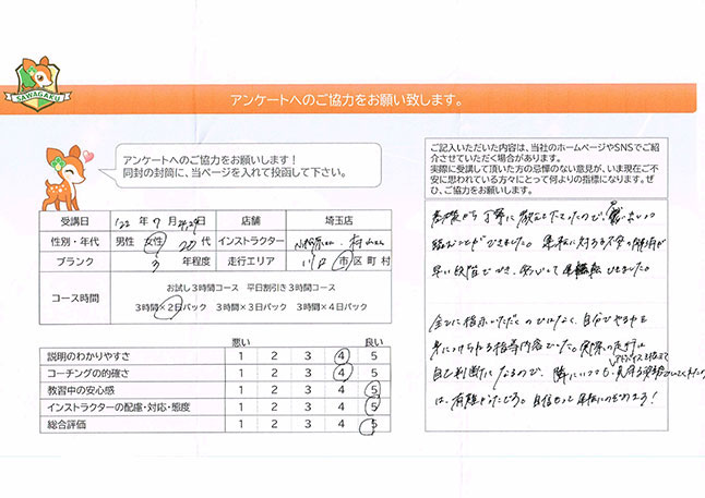 川口市 20代女性 ペーパードライバー講習アンケート