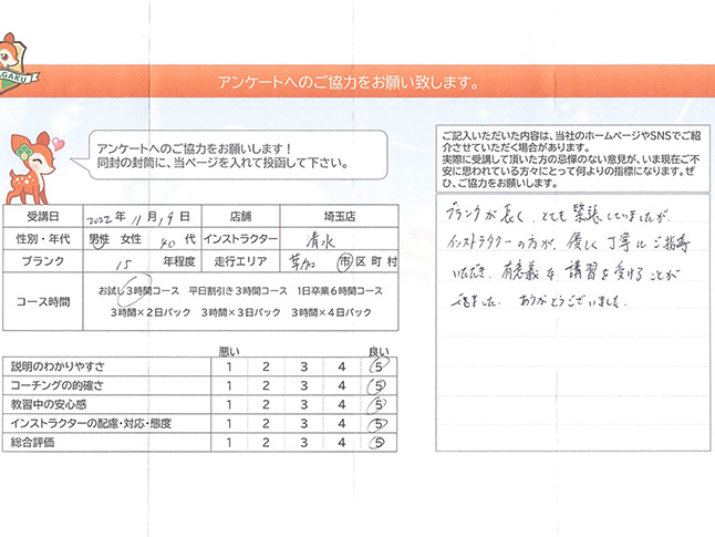 草加市 40代男性 ペーパードライバー講習アンケート