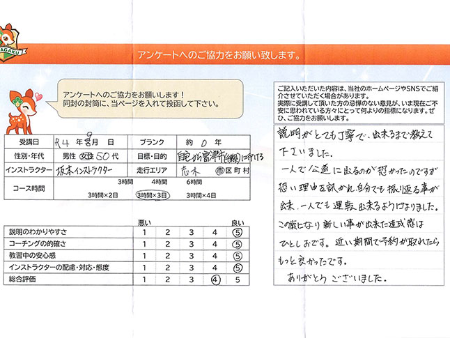 志木市 50代女性 ペーパードライバー講習アンケート