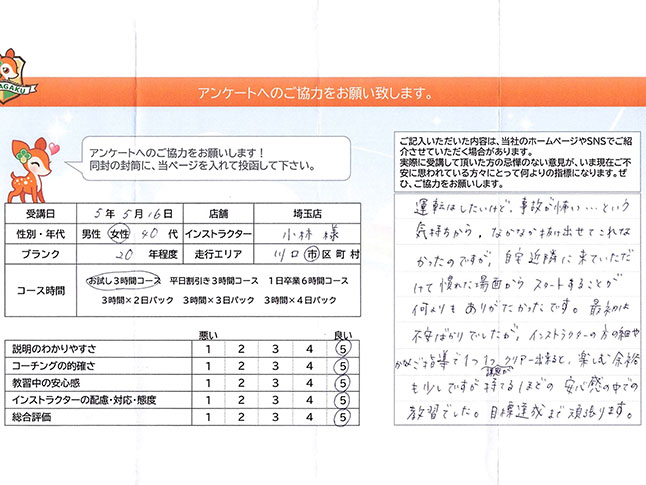 川口市 40代女性 ペーパードライバー講習アンケート