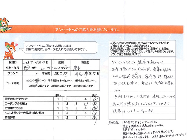 新座市 20代男性 ペーパードライバー講習アンケート