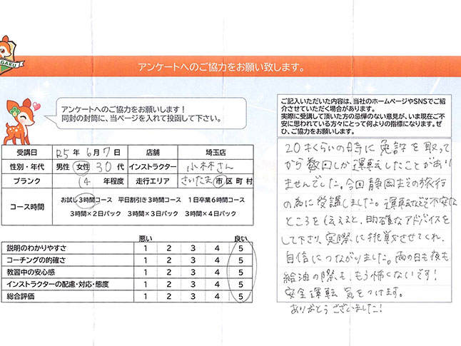 さいたま市中央区 30代女性 ペーパードライバー講習アンケート