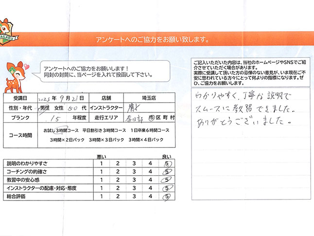 春日部市 50代男性 ペーパードライバー講習アンケート