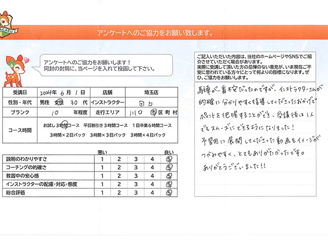 川口市 30代女性 ペーパードライバー講習アンケート