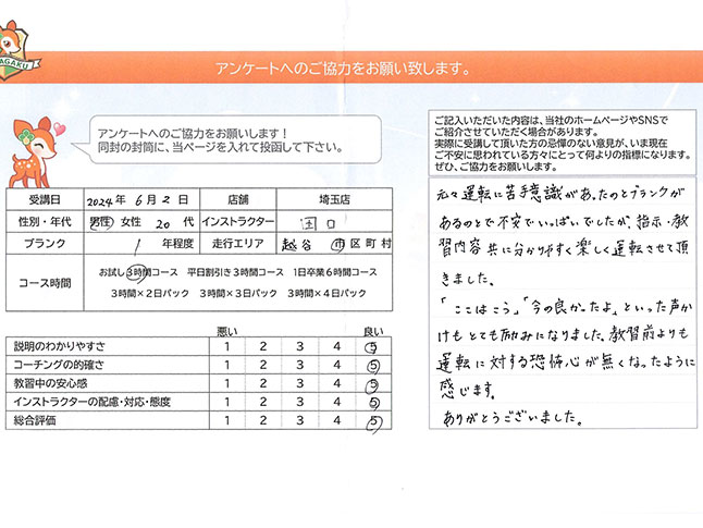 越谷市 20代男性 ペーパードライバー講習アンケート